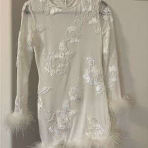 White Floral Embellished Dress with Feather Trim